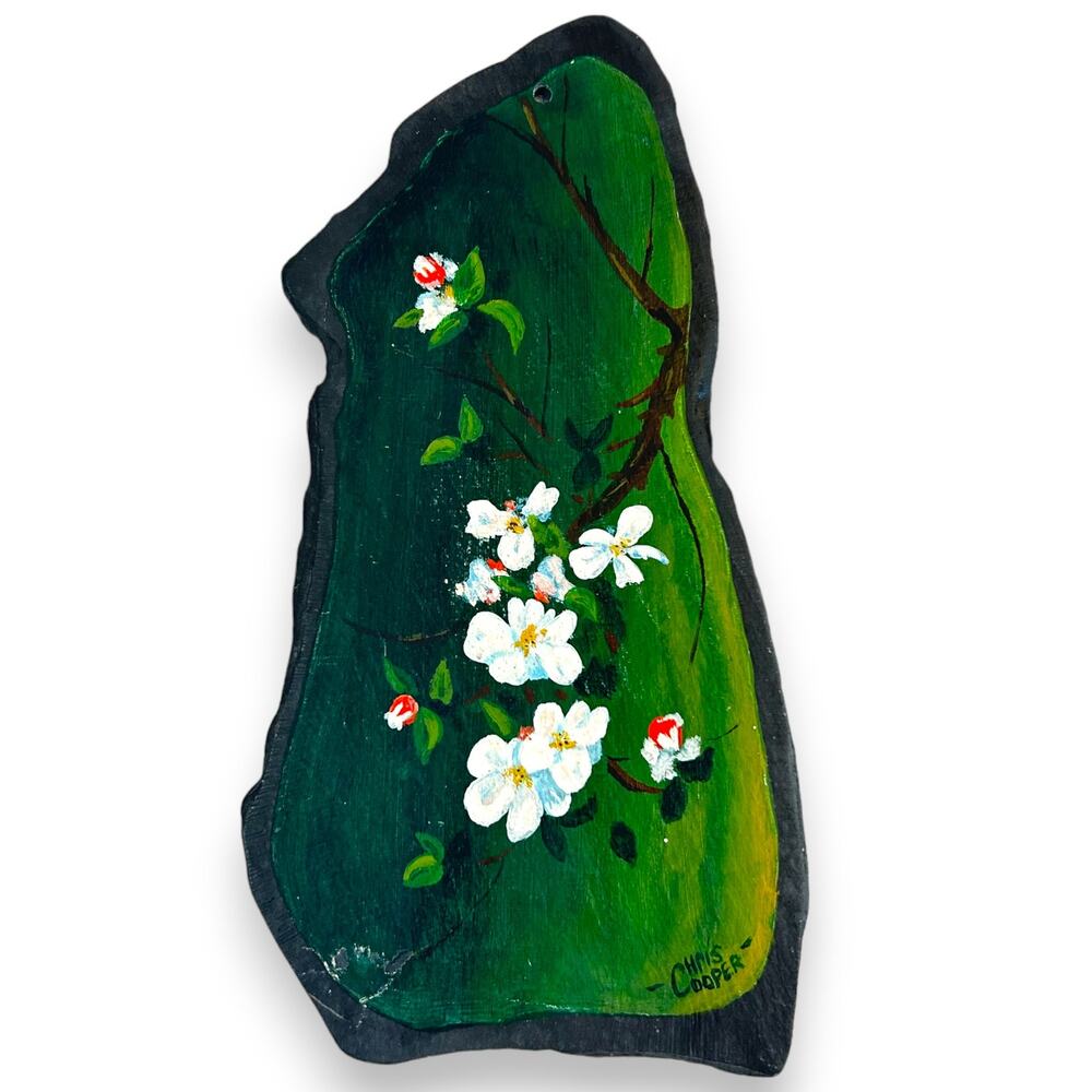 Vintage Apple Blossom Hand Painted Slate Christopher Cooper 1983 9" x 5" Maine